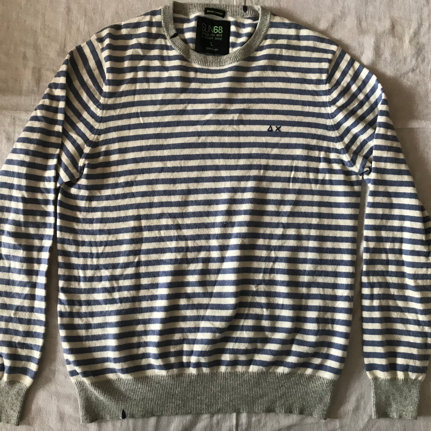 SUN 68 CROWN NECK MEN'S PULLOWER SWEATR LARGE SIZE STRIPED COTTON CASHMERE BLEND